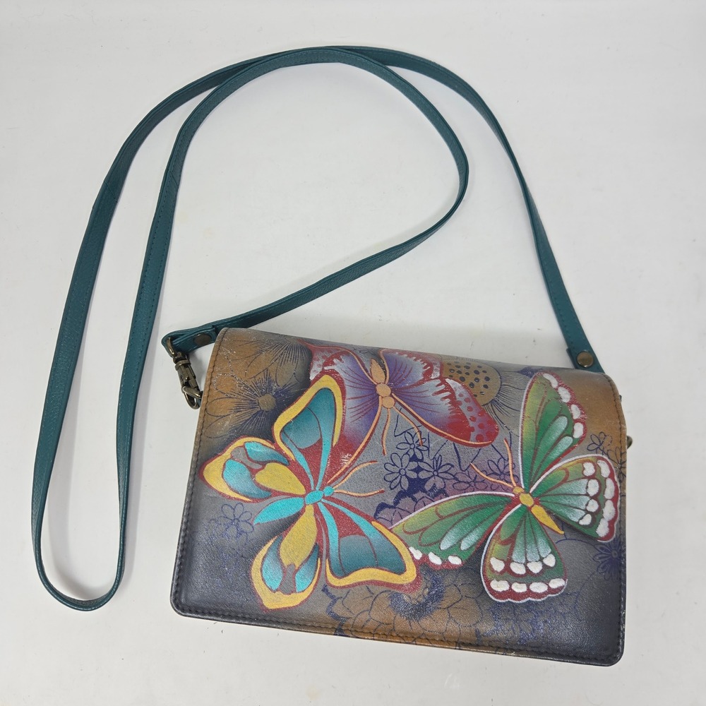 Anuschka Hand Painted Leather Butterfly Crossbody Wallet Bag Teal Purple Floral
